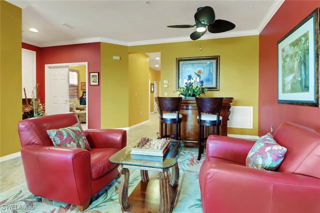 16580 Goldenrod Ln Unit 103, Alva, FL 33920 - living area with ornamental molding, baseboards, ceiling fan, and visible vents
