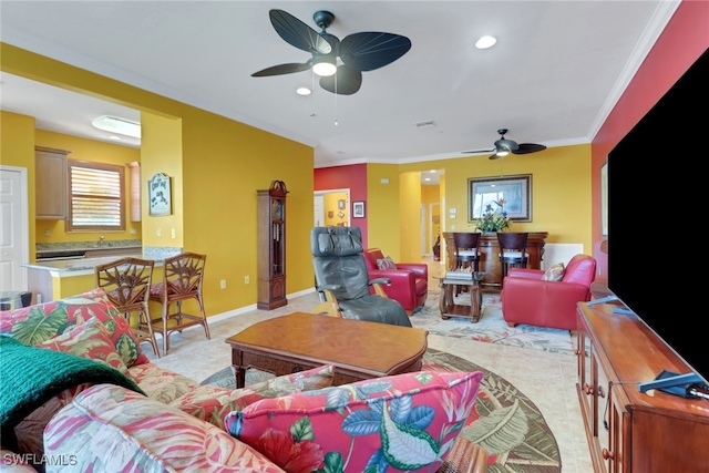 16580 Goldenrod Ln Unit 103, Alva, FL 33920 - living room featuring baseboards, recessed lighting, ornamental molding, and a ceiling fan