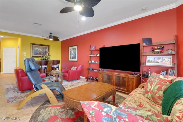 16580 Goldenrod Ln Unit 103, Alva, FL 33920 - living area featuring a ceiling fan, ornamental molding, and visible vents