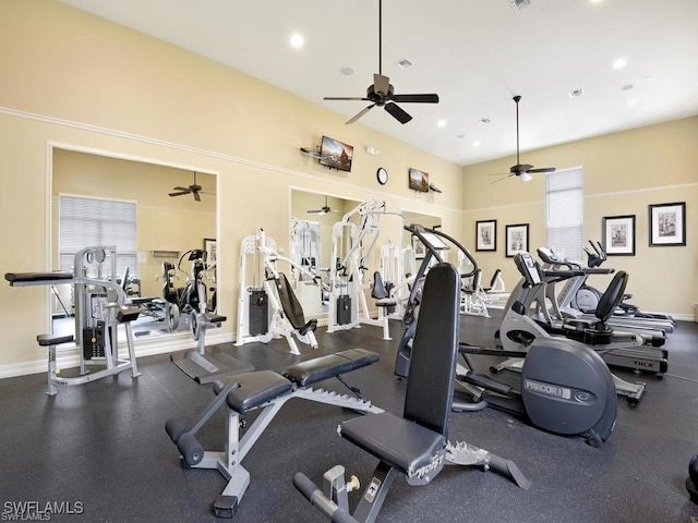 11735 Eros Rd, Lehigh Acres, FL 33971 - exercise room featuring baseboards, visible vents, recessed lighting, and a ceiling fan