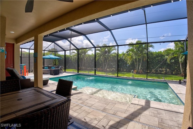 1410 SW 38th St, Cape Coral, FL 33914 - swimming pool featuring an outdoor living space, a patio area, a lanai, and a ceiling fan