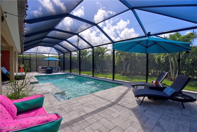 1410 SW 38th St, Cape Coral, FL 33914 - outdoor pool with a patio area, glass enclosure, and an outdoor living space