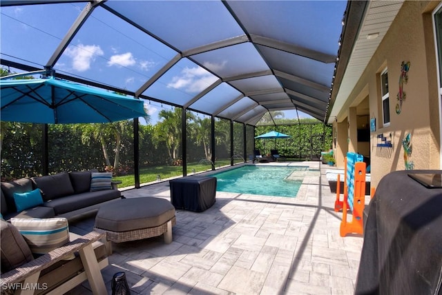 1410 SW 38th St, Cape Coral, FL 33914 - outdoor pool with a patio area, an outdoor living space, grilling area, and a lanai