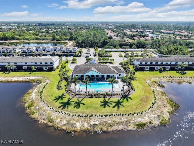aerial view featuring a water view