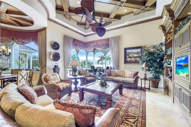 580 S Heathwood Dr, Marco Island, FL 34145 - living room with marble finish floor, ornamental molding, a high ceiling, an inviting chandelier, and coffered ceiling