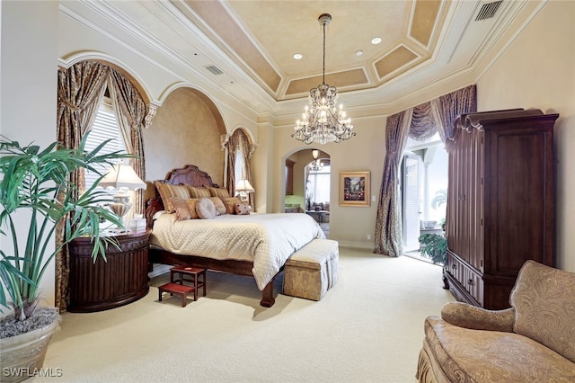 580 S Heathwood Dr, Marco Island, FL 34145 - bedroom featuring visible vents, crown molding, arched walkways, access to exterior, and light colored carpet