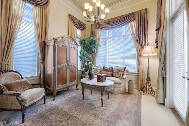 580 S Heathwood Dr, Marco Island, FL 34145 - living area featuring an inviting chandelier, ornamental molding, and light colored carpet
