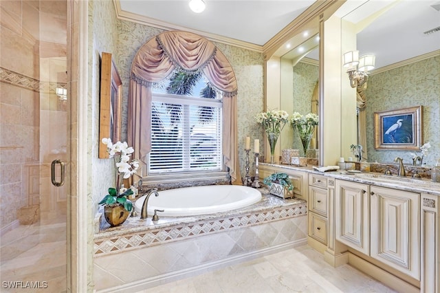 580 S Heathwood Dr, Marco Island, FL 34145 - full bath with a stall shower, wallpapered walls, ornamental molding, and a bath