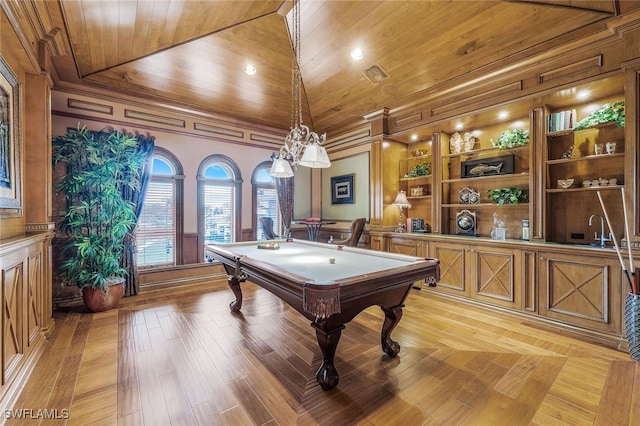 580 S Heathwood Dr, Marco Island, FL 34145 - game room with pool table, wood ceiling, light wood finished floors, built in features, and visible vents