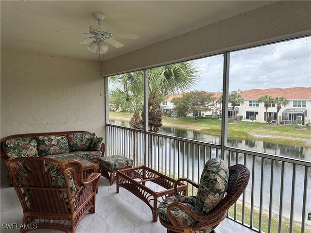 1280 Henley St Unit 1601, Naples, FL 34105 - sunroom / solarium featuring an outdoor hangout area, a ceiling fan, and a water view