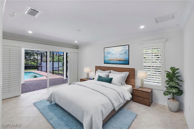 750 Southern Pines Dr, Naples, FL 34103 - bedroom featuring access to exterior, ornamental molding, light tile patterned floors, and recessed lighting