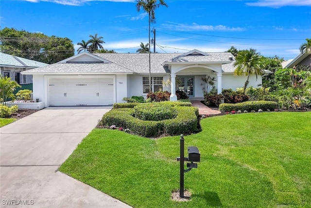 750 Southern Pines Dr, Naples, FL 34103 - ranch-style home featuring a shingled roof, a front yard, stucco siding, a garage, and driveway