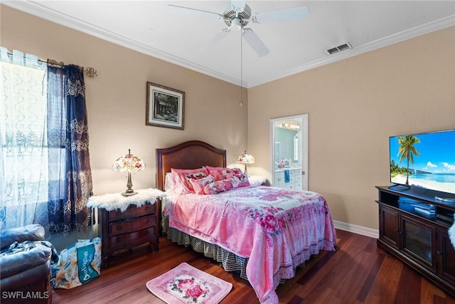 bedroom with crown molding, visible vents, multiple windows, and wood finished floors