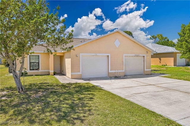 single story home featuring driveway, an attached garage, a front lawn, roof with shingles, and stucco siding