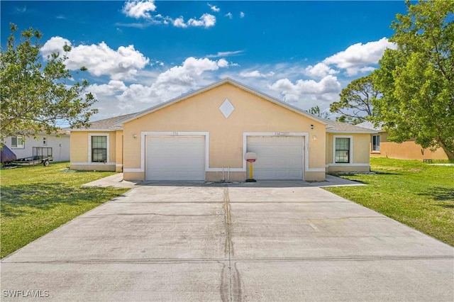 ranch-style house featuring a front lawn, stucco siding, a garage, and concrete driveway