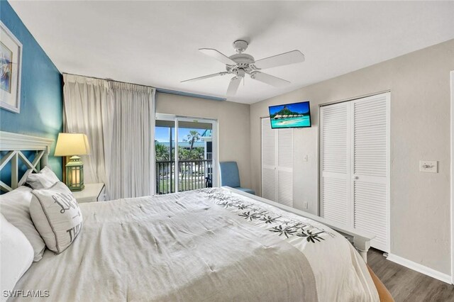 827 E Gulf Dr Unit K8, Sanibel, FL 33957 - bedroom featuring baseboards, access to outside, ceiling fan, a closet, and wood finished floors