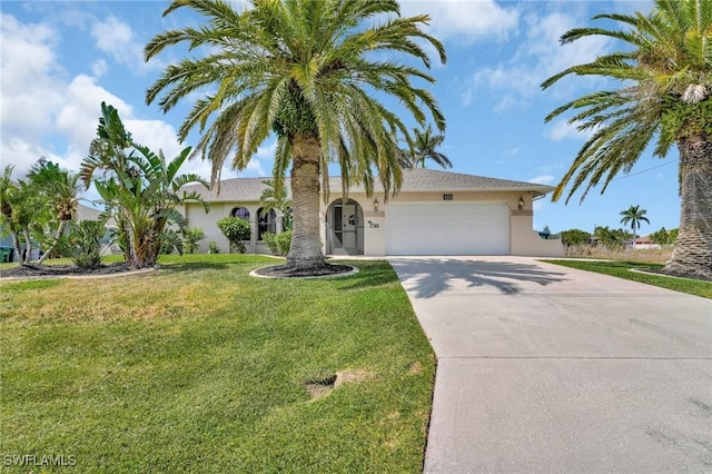 423 SE 17th St, Cape Coral, FL 33990 - view of front of house with a front lawn, driveway, a garage, and stucco siding