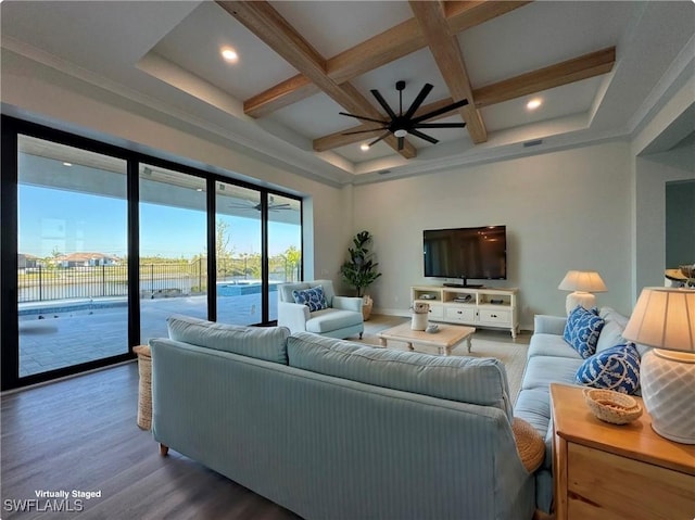 living area featuring recessed lighting, wood finished floors, coffered ceiling, baseboards, and beam ceiling