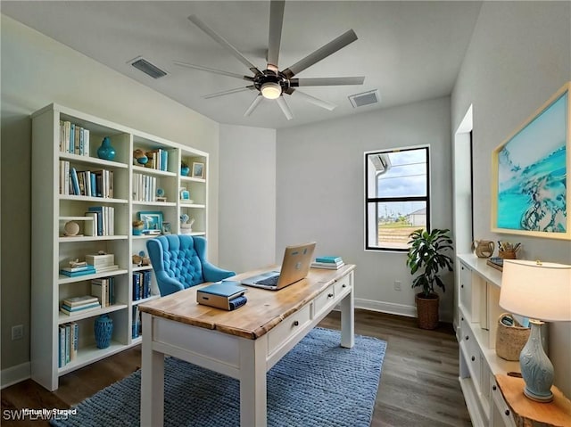 office space with visible vents, baseboards, a ceiling fan, and dark wood-style floors