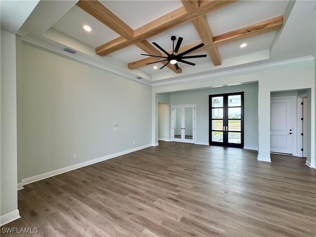 spare room with baseboards, ceiling fan, recessed lighting, french doors, and coffered ceiling