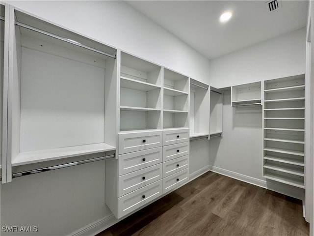 spacious closet featuring dark wood-style floors and visible vents