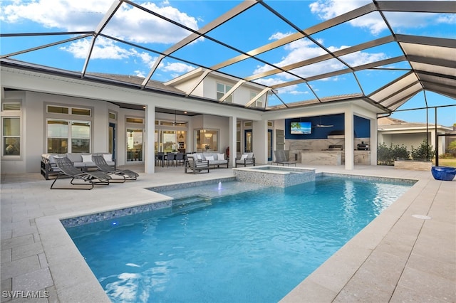view of swimming pool featuring a patio, a pool with connected hot tub, area for grilling, an outdoor hangout area, and a lanai