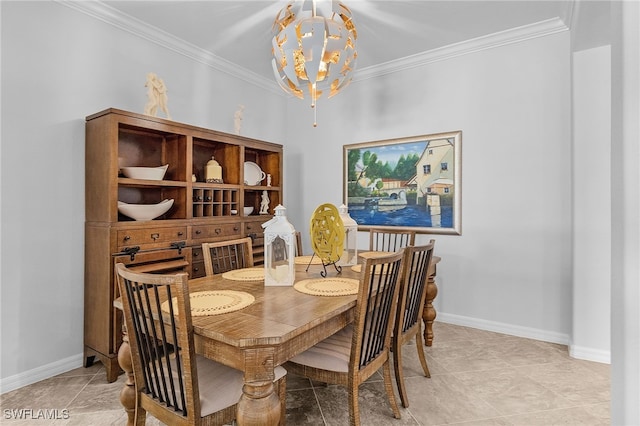 dining space featuring baseboards, an inviting chandelier, and crown molding