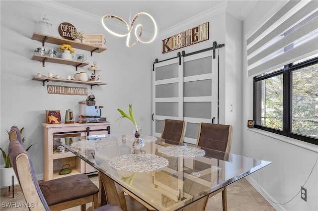 dining space with light tile patterned floors, ornamental molding, a barn door, and a notable chandelier