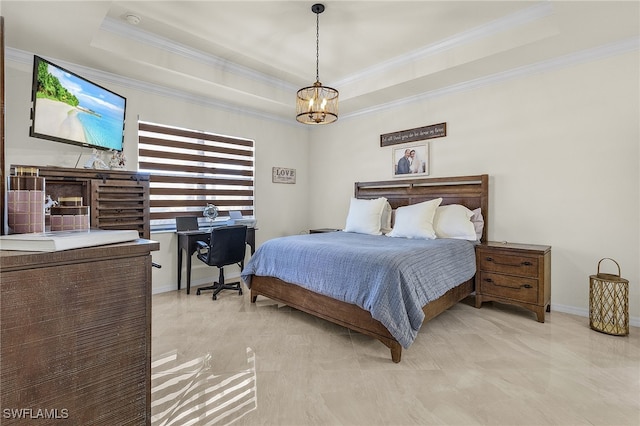 bedroom featuring baseboards, a chandelier, ornamental molding, and a raised ceiling
