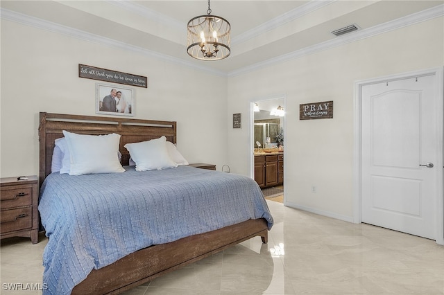 bedroom featuring visible vents, a chandelier, crown molding, baseboards, and a raised ceiling
