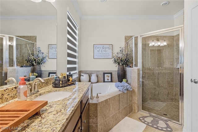 bathroom featuring vanity, crown molding, and a shower stall