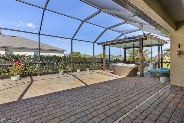 view of patio with glass enclosure