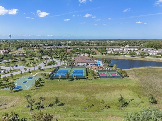 bird's eye view with a water view