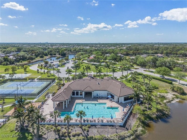 drone / aerial view with a water view
