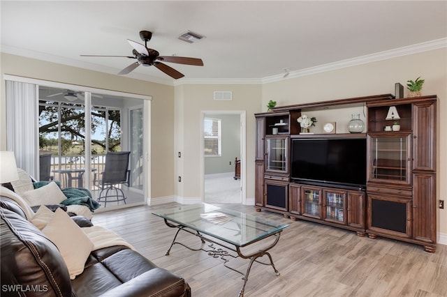 11991 Champions Green Way Unit 608, Fort Myers, FL 33913 - living room with a ceiling fan, light wood-type flooring, ornamental molding, and baseboards