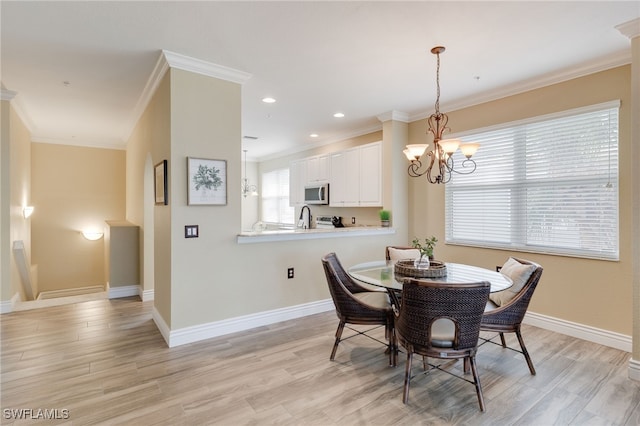 11991 Champions Green Way Unit 608, Fort Myers, FL 33913 - dining room with crown molding, a chandelier, light wood-style flooring, baseboards, and recessed lighting