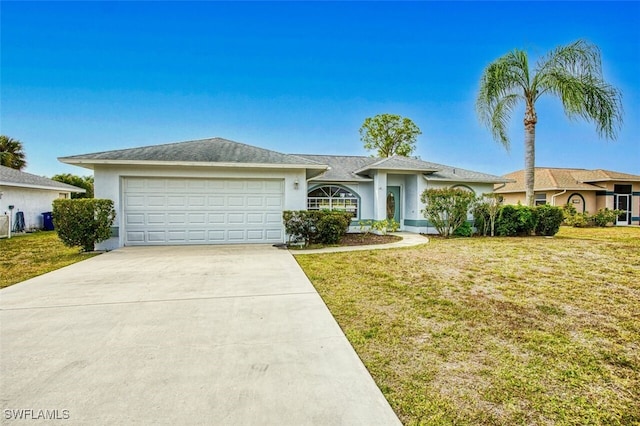 view of front of house featuring stucco siding, a front yard, concrete driveway, and a garage