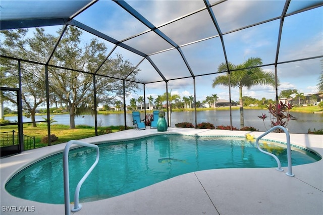 24342 Saragossa Ln, Punta Gorda, FL 33955 - pool with glass enclosure, a water view, and a patio area