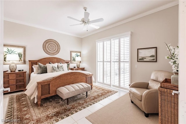 tiled bedroom with crown molding and a ceiling fan