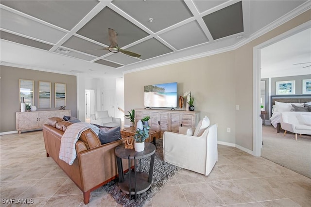 14600 Sycamore Ct Unit 2022, Punta Gorda, FL 33955 - living area featuring coffered ceiling, light tile patterned flooring, a ceiling fan, plenty of natural light, and crown molding