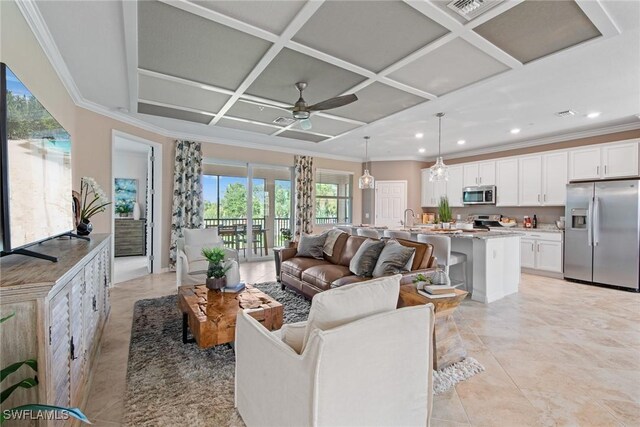 14600 Sycamore Ct Unit 2022, Punta Gorda, FL 33955 - living room featuring coffered ceiling, recessed lighting, ceiling fan, crown molding, and light tile patterned floors