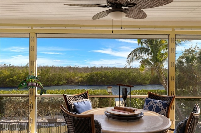 5773 Sanibel Captiva Rd, Sanibel, FL 33957 - sunroom / solarium with a wooded view, a water view, and wood ceiling