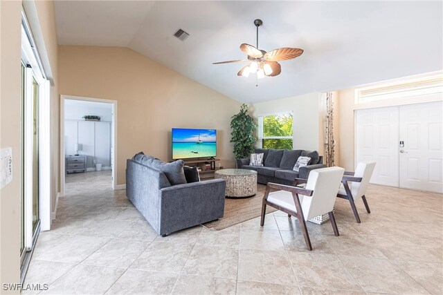 3801 SW 1st Ln, Cape Coral, FL 33991 - living area with ceiling fan, visible vents, light tile patterned floors, and lofted ceiling