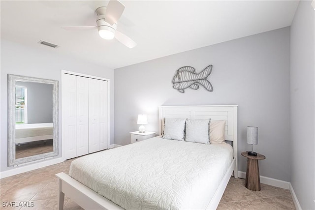 3801 SW 1st Ln, Cape Coral, FL 33991 - tiled bedroom featuring a closet, baseboards, ceiling fan, and visible vents