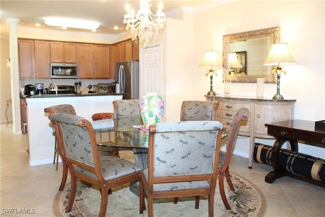 14768 Cranberry Ct, Naples, FL 34114 - dining area with light tile patterned flooring, a notable chandelier, ornamental molding, and recessed lighting