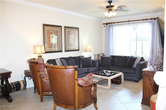 14768 Cranberry Ct, Naples, FL 34114 - living room with ornamental molding, light tile patterned floors, and a ceiling fan