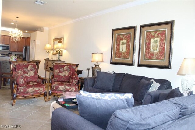 14768 Cranberry Ct, Naples, FL 34114 - living area with light tile patterned floors, a notable chandelier, visible vents, and ornamental molding
