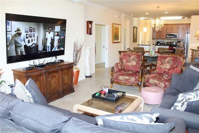 14768 Cranberry Ct, Naples, FL 34114 - living room featuring crown molding, light tile patterned floors, baseboards, and a notable chandelier
