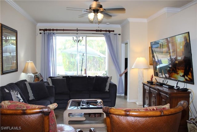 14768 Cranberry Ct, Naples, FL 34114 - living room with baseboards, a ceiling fan, and crown molding