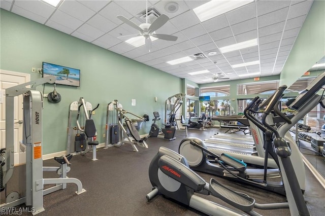 14768 Cranberry Ct, Naples, FL 34114 - workout area featuring visible vents, a drop ceiling, and a ceiling fan
